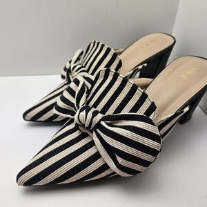 Black & Cream Striped Raffia Linen Style Big Bow Heeled Mules Size 8